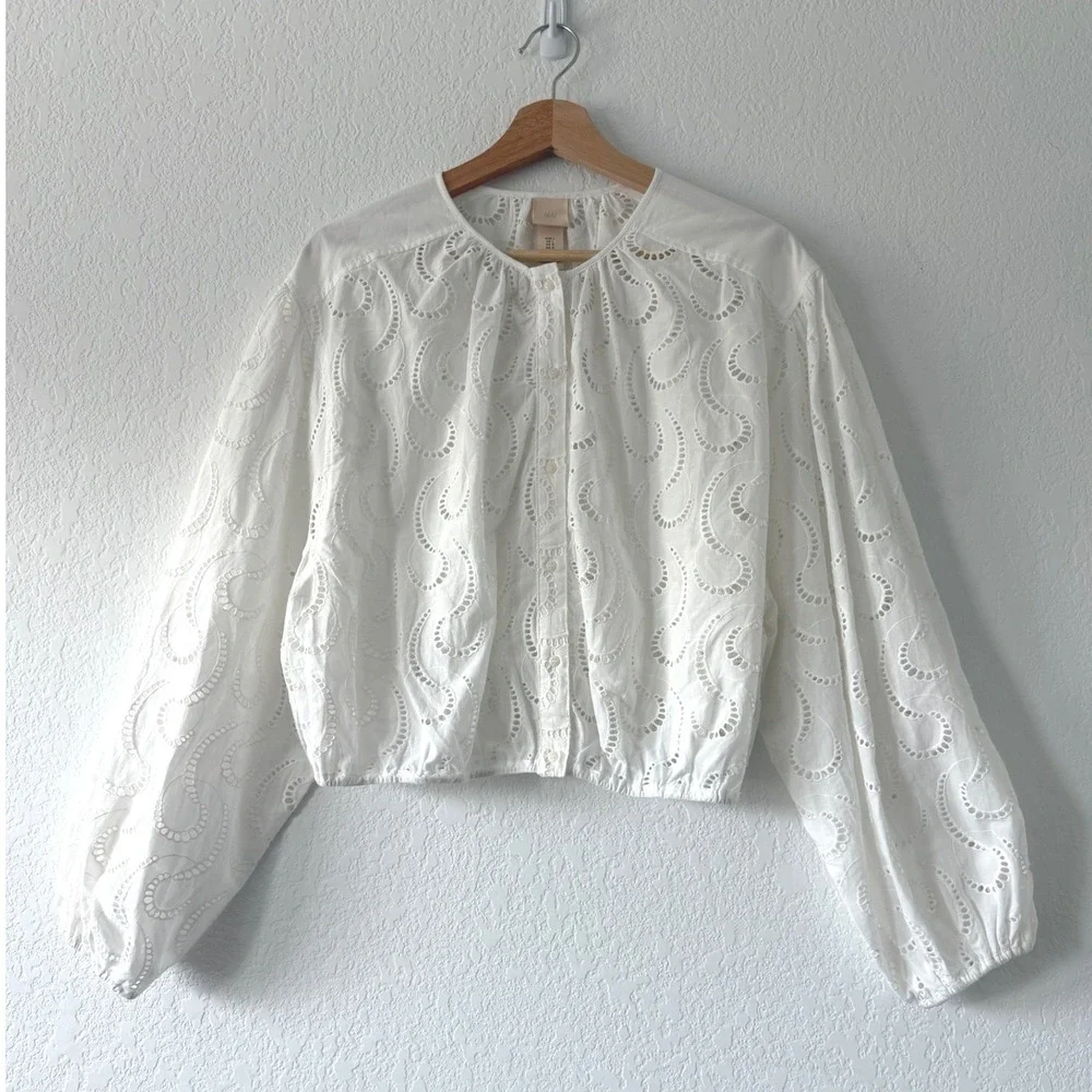 H&M White Cotton Eyelet Button Front Balloon Sleeve Blouse Large NWT Boho Summer